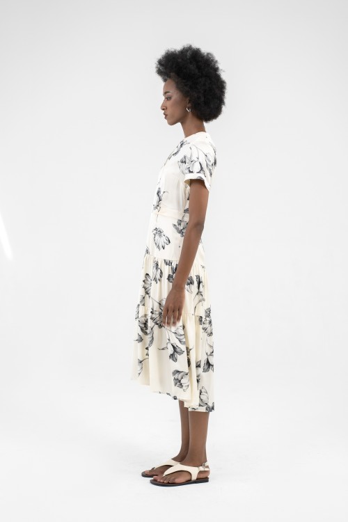 White Leaf Silk Midi Dress